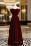 A-Line Burgundy Velvet Strapless Long Formal Prom Dresses With Bow