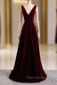 A-Line Burgundy Velvet V-neck Backless Formal Prom Dresses