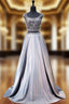 A-line Cap Sleeve Beaded Crystals Grey Backless Two Piece Formal Prom Dresses