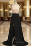 A-Line Champagne Black Cap Sleeve Backless Long Formal Prom Dresses