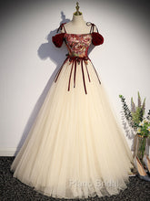 A line Champagne Long Formal Prom Dresses, Champagne Formal Gown With Beading Velvet