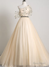 A-line Champagne One Shoulder Prom Dress, Long Party Dress