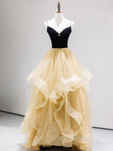A-Line Champagne Tulle Long Formal Prom Dresses, Velvet Graduation Dresses with Beading