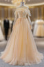 A-Line Champagne Tulle Long Sleeve Backless Formal Prom Dresses