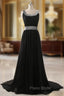 A Line Chiffon Scoop Neck Black Evening Dresses Pleat Sequined Waist