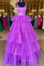 A-Line Crew Neck Lilac Tiered Tulle Long Formal Dresses