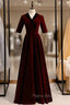 A-Line Dark Burgundy Short Sleeve V-neck Formal Prom Dresses