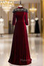 A-Line Dark Burgundy Velvet High Neck Short Sleeve Formal Prom Dresses