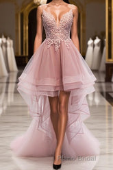 A-line Deep V Neck Beaded Appliques Multi-Layers Hi-Low Formal Dress