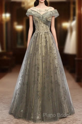 A-Line Formal Gown Elegant Dresses Wedding Guest Engagement Floor Length Short Sleeve Illusion Neck Tulle With Pleats