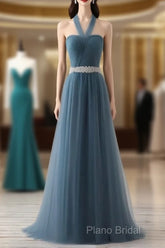 A-Line Gray Blue Tulle Long Bridesmaid Dresses Floor-Length Beading Formal Prom Dresses Elegant