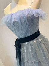 A-Line Gray Blue Tulle Long Formal Prom Dress, Gray Blue Long Formal Dress