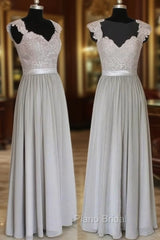 A-Line Gray Long Formal Prom Dresses, Gray Lace Bridesmaid Dresses