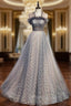 A-Line Gray Tulle Pleats Beading Formal Prom Dresses