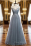 A-Line Gray Tulle Spaghetti Straps Sequins Formal Prom Dresses