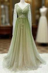 A-Line Green Gradient Tulle Long Sleeves Party Dresses, V-Neckline Green Formal Dresses Formal Prom Dresses