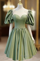 A Line Green Puffy Sleeve Satin Short Formal Prom Dresses Homecoming Dresses