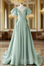 A-Line Green Satin Long Formal Prom Dresses, Green Long Evening Dresses