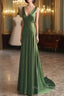 A-Line Green Satin V-Neckline Low Back Formal Prom Dresses, Green Evening Dresses