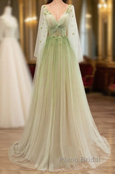 A-Line Green Tulle Gradient Long Party Dresses, Green Floor Length Formal Dresses