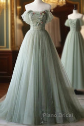 A-Line Green Tulle Long Formal Prom Dresses, Green Formal Evening Dresses