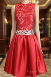 A-Line High Neck Knee Length Satin Homecoming Dresses With Lace