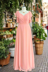 A-Line Light Coral Ruffled Flutter Sleeves Chiffon Bridesmaid Dress