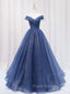 A-Line Off Shoulder Dark Blue Long Formal Prom Dresses, Shiny Tulle Long Graduation Dresses