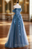 A-line Off Shoulder Gray Blue Tulle Long Formal Prom Dresses, Gray Blue Long Formal Dresses