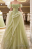 A-Line Off Shoulder Green Lace Long Formal Prom Dress, Green Formal Dress