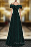 A-line Off Shoulder Green Velvet Simple Party Dresses, Green Formal Prom Dresses Formal Dresses