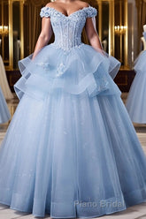 A-Line Off Shoulder Lace Tulle Blue Long Formal Prom Dress, Blue Sweet 16 Dress