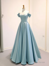 A-Line Off Shoulder Satin Blue Long Prom Dress, Blue Long Formal Dress