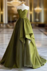 A-Line Off Shoulder Satin Green Long Formal Prom Dresses, Green Formal Dresses