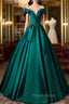 A-Line Off Shoulder Satin Green Long Formal Prom Dresses, Green Long Formal Dresses