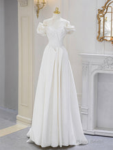 A-Line Off Shoulder Satin ivory Long Prom Dress, Ivory  Long Bridesmaid Dress