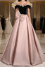 A-Line Off Shoulder Satin Pink Long Formal Prom Dresses, Pink Long Formal Dresses