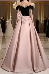 A-Line Off Shoulder Satin Pink Long Formal Prom Dresses, Pink Long Formal Dresses