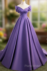A-Line Off Shoulder Satin Purple Long Formal Prom Dresses, Purple Long Formal Dresses