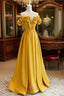 A-Line Off Shoulder Satin Yellow Long Formal Prom Dresses, Yellow Formal Evening Dresses