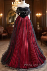A-Line Off Shoulder Tulle Black/Burgundy Long Formal Prom Dresses