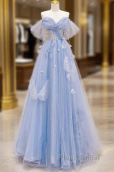 A-Line Off Shoulder Tulle Blue Long Formal Prom Dresses, Blue Long Formal Dresses