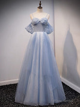 A-Line Off Shoulder Tulle Gray Blue Long Prom Dress, Gray Blue Long Formal Dress