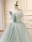 A-Line Off Shoulder Tulle Green Long Formal Prom Dresses, Green Formal Dresses with Beading
