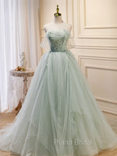 A-Line Off Shoulder Tulle Green Long Formal Prom Dresses, Green Formal Dresses with Beading
