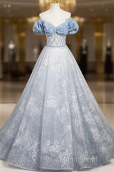 A-Line Off Shoulder Tulle Lace Beads Blue Long Formal Prom Dresses, Blue Long Formal Dresses