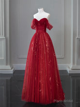 A-Line Off Shoulder Tulle Lace Dark Red Long Prom Dress
