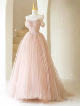 A-Line Off Shoulder Tulle Lace Pink Long Prom Dress, Pink Long Formal Dress