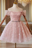 A-Line Off Shoulder Tulle Lace Pink Short Formal Prom Dresses, Pink Homecoming Dresses