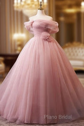 A-Line Off Shoulder Tulle Pink Long Formal Prom Dresses, Pink Long Formal Dresses